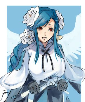 1girl :d angel_wings black_flower black_gloves black_skirt blue_background blue_hair border braid braided_ponytail breasts collared_shirt commentary_request dizzy_(guilty_gear) flower gloves guilty_gear guilty_gear_strive hair_flower hair_ornament large_breasts long_hair long_sidelocks nishimoto open_mouth outside_border queen_dizzy red_eyes shirt sidelocks sketch skirt smile solo tongue upper_body white_border white_flower white_shirt white_wings wings