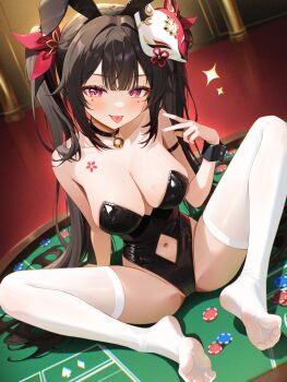 1girl absurdres alternate_costume animal_ear_hairband animal_ears bare_shoulders bell black_choker black_collar black_hair black_leotard black_wrist_cuffs blush breasts brown_hair casino choker circle_facial_mark cleavage clothing_cutout collar collarbone commentary crotch_seam double-parted_bangs fake_animal_ears feet fingernails flower_tattoo fox_mask hair_between_eyes hairband hand_up highleg highleg_leotard highres honkai:_star_rail honkai_(series) large_breasts leotard long_hair looking_at_viewer mark_under_both_eyes mask mask_on_head nail_polish navel navel_cutout neck_bell no_shoes on_table pink_eyes playboy_bunny poker_chip poker_table rabbit_ear_hairband rabbit_ears radoremo sitting smile soles solo sparkle_(honkai:_star_rail) spread_legs stomach_cutout strapless strapless_leotard table tattoo thighhighs thighs toe_seam toes tongue tongue_out twintails v very_long_hair white_thighhighs wrist_cuffs