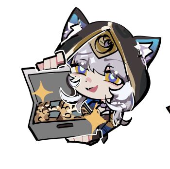 1girl animal_ear_fluff animal_ears blue_eyes briefcase bright_pupils cat_ears chibi cipher_(honkai:_star_rail) commentary english_commentary grey_hair highres holding holding_briefcase honkai:_star_rail honkai_(series) hood hyastelle mihoyo money multicolored_eyes parody short_hair simple_background solo sparkle upper_body white_background yellow_eyes zenless_zone_zero
