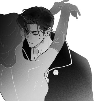 Rule 34 | 1boy, 1girl, arms around neck, breasts, character request, clothed male nude female, elbow gloves, furrowed brow, gloves, greyscale, hair over shoulder, hetero, highres, hug, jacket, looking at another, looking to the side, monochrome, nawfal (sultan's game), nawfalsaveme, nude, parted lips, popped collar, shirt, short hair, side part, small breasts, sultan's game, sweatdrop, thick eyebrows, topless female, wavy hair, white background