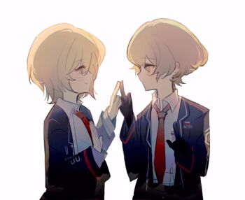 Rule 34 | 1boy, 1girl, black gloves, black jacket, black sleeves, blonde hair, closed mouth, collared shirt, don quixote (project moon), dress shirt, eyelashes, gloves, hands up, hashtag-only commentary, id card, index finger raised, index fingers together, jacket, kan 084, lapels, layered sleeves, light blush, limbus company, long sleeves, looking at another, necktie, open clothes, open hand, open jacket, project moon, red necktie, red trim, shirt, short hair, sideways mouth, sinclair (project moon), smile, suit jacket, tareme, undershirt, white background, white shirt, white sleeves, yellow eyes