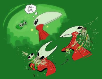 1girl aoife_(scriblyn) arthropod_girl blood cloak colored_skin eating english_text hollow_knight hollow_knight:_silksong horned_mask hornet_(hollow_knight) looking_at_another mask mossgrub_(hollow_knight) red_cloak scared sparkling_eyes speech_bubble thought_bubble weapon