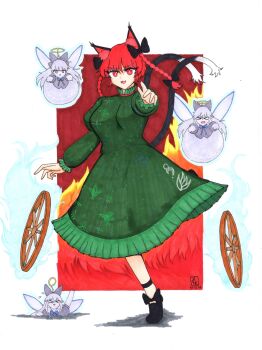 4girls :3 :d animal_ears black_bow black_shoes bow braid cat_ears cat_girl cat_tail commentary dated dress english_commentary fake_halo full_body green_dress hair_bow halo highres kaenbyou_rin long_hair long_sleeves looking_at_viewer multiple_girls multiple_tails open_mouth red_eyes red_hair shoes side_braids signature smile tail thatkirisame touhou twin_braids two_tails wheel zombie_fairy_(touhou)