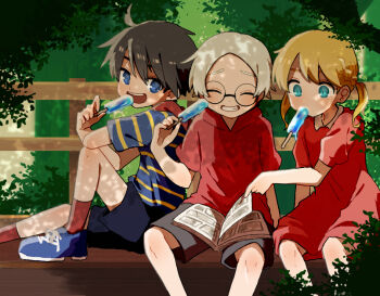Rule 34 | 1girl, 2boys, ana (mother), black hair, black shorts, blonde hair, blue eyes, blue shoes, dress, eating, foliage, food, glasses, grin, lloyd (mother), low twintails, miromoppara-kun, mother (series), mother 1, multiple boys, ninten, nintendo, on bench, open mouth, pink dress, popsicle, reading, red socks, shirt, shoes, shorts, smile, socks, striped clothes, striped shirt, twintails, white hair
