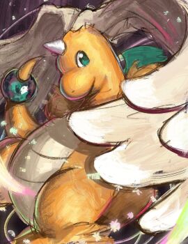 claws closed_mouth colored_skin dragonite feathered_wings full_body gen_1_pokemon green_eyes head_wings highres horns mega_dragonite mega_pokemon nintendo no_humans orange_skin pokemon pokemon_(creature) pokemon_focus single_horn smile solo tail titann wings