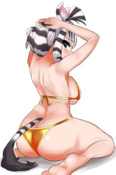 1girl animal_ears animal_print ass bikini black_hair blush breasts butt_crack chapman&#039;s_zebra_(kemono_friends) extra_ears gold_bikini golden_week kemono_friends kneeling large_breasts looking_at_viewer multicolored_hair negi_e_mon solo striped_hair tail two-tone_hair white_hair zebra_ears zebra_girl zebra_print zebra_tail