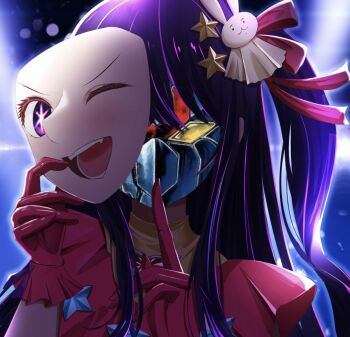 dress getter_robo gloves hair_between_eyes hair_ornament holding holding_mask hoshino_ai idol idol_clothes long_hair mask mecha neo_getter-1 one_eye_closed open_mouth orb_brave oshi_no_ko pink_dress pink_gloves purple_eyes purple_hair rabbit_hair_ornament ribbon robot science_fiction shin_getter_robo_vs_neo_getter_robo smile solo star-shaped_pupils star_(symbol) super_robot symbol-shaped_pupils