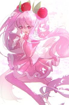 Rule 34 | 1girl, absurdres, boots, breasts, cherry blossoms, cherry hair ornament, collared shirt, commentary, detached sleeves, food-themed hair ornament, frilled shirt, frills, hair between eyes, hair ornament, hatsune miku, highres, kamatoyu, long hair, long sleeves, looking at viewer, miniskirt, nail polish, necktie, official alternate costume, open mouth, pink boots, pink eyes, pink hair, pink nails, pink necktie, pink skirt, pink sleeves, pink theme, pink trim, pleated skirt, sakura miku, shirt, skirt, sleeveless, sleeveless shirt, small breasts, smile, solo, symbol-only commentary, thigh boots, twintails, very long hair, vocaloid, white shirt, white trim