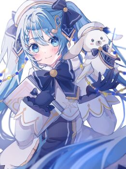 1girl 1other beret blue_bow blue_gloves blue_tabard blush bow braid capelet closed_mouth commentary_request dress fang fortissimo gloves gold_trim hair_between_eyes hair_ornament hand_on_own_chest hat hatsune_miku highres long_hair long_sleeves musical_note musical_note_hair_ornament official_alternate_costume official_alternate_hairstyle rabbit rabbit_yukine simple_background smile snowflake_print tabard tsfl0017 twintails very_long_hair vocaloid white_background white_capelet white_hat yuki_miku yuki_miku_(2021)