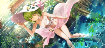 1girl adjusting_clothes adjusting_headwear angelfish arm_up artist_request bikini blue_gemstone boat bracelet braid breasts brown_sandals c.c. caustics cleavage clownfish code_geass code_geass:_lost_stories crown_braid day dutch_angle female_focus fish flower game_cg gem gold green_hair groin hair_between_eyes hair_ribbon hair_rings hat hat_flower hat_ribbon highres jewelry knees_together_feet_apart lace lace-trimmed_bikini lace_trim leaning_forward leaves lily_(flower) looking_at_viewer medium_breasts navel non-web_source o-ring o-ring_bikini o-ring_bottom oar official_art outdoors parted_lips partially_submerged pink_ribbon pink_sarong ribbon rope rowboat sandals sarong seaweed see-through_clothes see-through_sarong shiny_skin shipwreck short_hair sidelocks sitting solo sparkle standing stomach sun_hat surgeonfish swimsuit teeth thighs wading water white_hat white_ribbon yellow_eyes yellow_flower