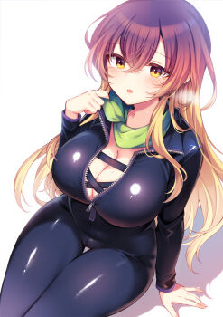 Rule 34 | 1girl, biker clothes, bikesuit, black bodysuit, blonde hair, blush, bodysuit, breasts, cleavage, commentary request, cowboy shot, crossed bangs, gradient hair, green scarf, hair between eyes, highres, hijiri byakuren, large breasts, long hair, long sleeves, looking at viewer, multicolored hair, open mouth, purple hair, scarf, simple background, sitting, solo, sweat, tama (soon32281), touhou, turbo byakuren, white background, yellow eyes