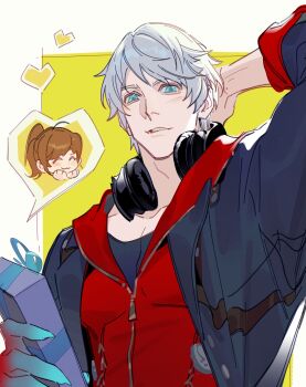 1boy 1girl :3 absurdres aqua_eyes arm_behind_head blue_eyes blue_jacket border box brown_hair chinese_commentary closed_eyes commentary_request couple devil_may_cry devil_may_cry_(series) devil_may_cry_4 gift gift_box grey_hair hair_between_eyes headphones headphones_around_neck highres holding holding_gift hood hoodie jacket kyrie_(devil_may_cry) long_hair nero_(devil_may_cry) parted_lips ponytail red_hoodie short_hair upper_body warsong_zhange white_border yellow_background