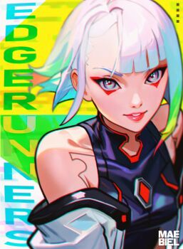 1girl artist_name bare_shoulders breasts cyberpunk_(series) cyberpunk:_edgerunners cyborg eyeliner highres jacket looking_at_viewer lucy_(cyberpunk) maebiel makeup multicolored_eyes multicolored_hair off_shoulder parted_bangs red_eyeliner red_lips short_hair signature smile solo white_hair