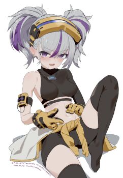 1girl artist_name bike_shorts black_thighhighs blush character_name chest_strap clothes_around_waist commentary_request crop_top dated drilley_(nikke) ear_blush earrings furrowed_brow gloves goddess_of_victory:_nikke grey_hair hand_on_own_stomach head-mounted_display highres jacket jacket_around_waist jewelry knee_up kunikuni_(kunihiro2005) looking_at_viewer multicolored_hair navel open_mouth purple_eyes purple_hair reclining shadow single_sleeve solo streaked_hair thighhighs twintails two-sided_fabric two-sided_jacket two-tone_gloves yellow_gloves yellow_jacket