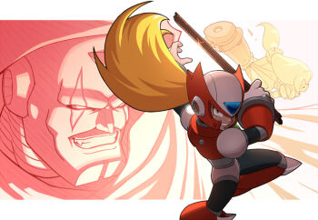 1girl 2girls android armor bald beret blonde_hair blue_eyes blush breasts cape clenched_teeth closed_eyes evil_eyes evil_grin evil_smile facial_mark falling fang gloves grin hat helmet holding holding_lead_pipe holding_tube iris_(mega_man) joints lead_pipe long_hair low-tied_long_hair male_focus may_(nicoseiga_32709921) medium_breasts mega_man_(series) mega_man_x4 mega_man_x_(series) multiple_girls ponytail red_armor red_helmet robot robot_ears robot_girl robot_joints sigma_(mega_man) simple_background smile teeth very_long_hair white_background white_gloves zero_(mega_man)