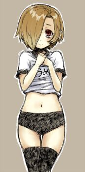 10s 1girl bags_under_eyes black_thighhighs blonde_hair blush brown_eyes buruma earrings female_focus gym_uniform hair_over_one_eye hands_on_own_chest idolmaster idolmaster_cinderella_girls jewelry looking_at_viewer ofuro_mantarou shirasaka_koume short_hair smile solo thighhighs