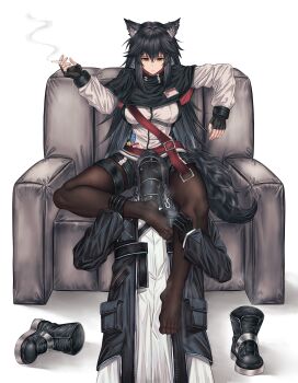 1girl absurdres animal_ear_fluff animal_ears arknights between_legs black_boots black_cloak black_jacket black_pantyhose black_shorts boots breasts cigarette cigaros cloak commentary doctor_(arknights) fingerless_gloves fingernails full_body gloves head_between_legs highres holding holding_another's_leg holding_cigarette hood hood_up hooded_jacket jacket large_breasts long_hair looking_at_another nervous_sweating no_shoes pantyhose parted_lips shirt short_shorts shorts simple_background sitting smell smoke steaming_body sweat tail texas_(arknights) thigh_strap toes triangle_choke unworn_boots white_background white_jacket white_shirt wolf_ears wolf_girl wolf_tail