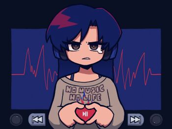 1girl black_border blue_background blue_hair border brown_eyes cardiogram cartoonized clenched_teeth eyelashes fast_forward_button fis_(t83192933) forehead glaring headphones heart heart_hands highres idolmaster idolmaster_(classic) idolmaster_million_live! idolmaster_million_live!_theater_days kisaragi_chihaya long_hair long_sleeves looking_at_viewer outside_border parted_bangs play_button rewind_button sidelocks solo straight-on tearing_up teeth toon_(style) user_interface