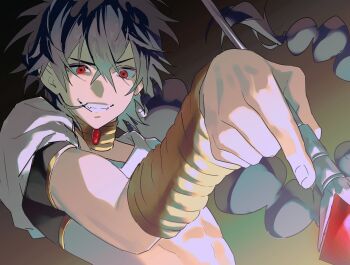 1boy 333takoyaki abs absurdly_long_hair absurdres arabian_clothes arm_up black_hair black_shirt bracelet commentary_request cropped_shirt earrings fingernails gem grin highres holding holding_wand jewelry judal long_hair magi_the_labyrinth_of_magic male_focus midriff multi-tied_hair necklace piercing red_eyes red_gemstone sanpaku shirt short_sleeves single_earring smile solo teeth toned toned_male upper_body very_long_hair wand