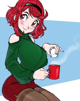 Rule 34 | bare shoulders, blush, coffee mug, cup, food, hairband, highres, marshmallow, mug, pyra (xenoblade), red hair, short hair, sweater, teevo, turtleneck, turtleneck sweater, xenoblade chronicles (series), xenoblade chronicles 2, yellow eyes