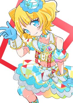 1girl absurdres blonde_hair blue_eyes blue_gloves blunt_bangs cone_hair_bun double_bun gloves hair_bun hat highres idol_clothes looking_at_viewer madori_(1ldkplanet) minami_mirei mini_hat off_shoulder pretty_series pripara short_hair sitting smile solo