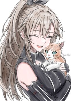 1girl ^_^ absurdres animal armpit_crease bare_shoulders black_dress black_ribbon breasts brown_hair cat closed_eyes commentary detached_sleeves dress english_commentary eydis_(sao) eyelashes hair_between_eyes hair_intakes hair_ribbon hands_up highres holding holding_animal holding_cat large_breasts long_hair messy_hair open_mouth orange_cat phanuchan ponytail portrait ribbon signature simple_background smile solo sword_art_online sword_art_online:_alicization sword_art_online:_unleashed_blading teeth tongue turtleneck turtleneck_dress white_background