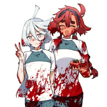 Rule 34 | 2girls, ahoge, black hairband, commentary, dark-skinned female, dark skin, empty eyes, food, food on clothes, grey eyes, gundam, gundam aerial slap (meme), gundam suisei no majo, hair between eyes, hairband, highres, holding, holding food, long bangs, long hair, low ponytail, meme, miorine rembran, multiple girls, numachi doromaru, open mouth, ponytail, ptsd, red hair, shirt, short eyebrows, short sleeves, simple background, smile, suletta mercury, thick eyebrows, tomato, v, white background, white shirt