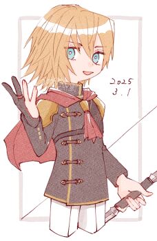 Rule 34 | 1boy, :d, aqua eyes, black gloves, black jacket, blonde hair, bow (weapon), cape, cropped legs, dated, final fantasy, final fantasy type-0, gloves, holding, holding bow (weapon), holding weapon, jacket, looking at viewer, male focus, nitoya 00630a, open mouth, pants, partially fingerless gloves, partly fingerless gloves, red cape, single glove, smile, solo, trey (fft-0), watermark, weapon, white pants, yugake