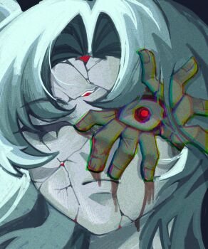 1girl angela_(project_moon) beanni bleeding blood bloody_tears blue_hair body_horror broken_skin carmen_(project_moon) chromatic_aberration close-up constricted_pupils cracked_kawaii_mask crawling curtained_hair highres lobotomy_corporation looking_at_viewer one_eye_covered portrait project_moon red_eyes solo