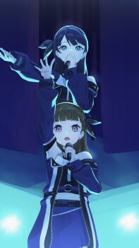 2girls ampere_(love_live!) arm_up bare_shoulders black_shirt blue_coat blue_eyes blue_hair blue_skirt brown_hair coat commentary covering_own_mouth crop_top cropped_shirt dollchestra hairband hand_over_own_mouth hashtag-only_commentary highres holding holding_microphone indoors kachimachi_kosuzu link!_like!_love_live! long_sleeves looking_at_viewer love_live! memory_kosei microphone midriff multiple_girls murano_sayaka off-shoulder_coat off_shoulder official_alternate_costume open_mouth pink_eyes shirt skirt sleeveless sleeveless_shirt stage virtual_youtuber