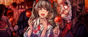 Rule 34 | 10s, anchovy (girls und panzer), blush, brown eyes, brown hair, candy apple, commentary request, drill hair, floral print, food, girls und panzer, grey hair, hair ribbon, highres, japanese clothes, kimono, kuromorimine military uniform, looking at another, mask, mizutamari mari, nishizumi maho, one eye closed, open mouth, ribbon, short hair, twin drills, yukata