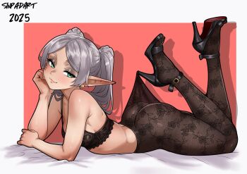 1girl artist_name ass black_eyeshadow bra breasts commentary dated earrings elf english_commentary eyeshadow floral_print floral_print_pantyhose frieren green_eyes high-waist_pantyhose high_heels highres hooked_on_heel jewelry lace lace_bra lace_pantyhose lace_pantyhose_hooked_on_heel_(meme) legs long_hair makeup meme pantyhose pantyhose_tug pointy_ears print_pantyhose sinpadart small_breasts sousou_no_frieren twintails underwear white_hair