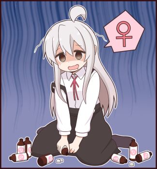 1girl @_@ addiction ahoge black_skirt bottle brown_eyes commentary_request drooling full_body genderswap genderswap_(mtf) goron_(phde2424) grey_hair hair_between_eyes highres long_hair long_sleeves male-female_symbol mouth_drool neck_ribbon no_shoes onii-chan_wa_oshimai! open_mouth outline oyama_mahiro red_ribbon ribbon school_uniform shaded_face shirt sitting skirt solo spoken_venus_symbol suspender_skirt suspenders venus_symbol wariza white_outline white_shirt wing_collar