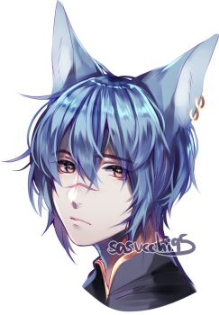 Rule 34 | 1boy, aegyo sal, animal ear piercing, animal ears, artist name, black shirt, blue hair, closed mouth, commentary, cropped head, double-parted bangs, english commentary, expressionless, frown, gold trim, hair between eyes, highres, looking at viewer, male focus, original, sasucchi95, scar, scar on face, scar on nose, shirt, simple background, solo, white background, wolf boy, wolf ears, yellow eyes