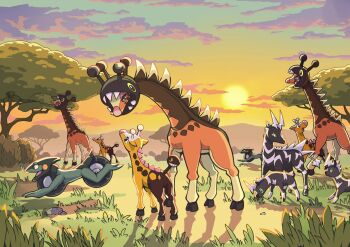 black_eyes blitzle cloud commentary cyclizar eating farigiraf gen_2_pokemon gen_5_pokemon girafarig grass highres hooves looking_at_another mountainous_horizon nintendo no_humans outdoors plant pokemon pokemon_(creature) q-chan rock running savannah shadow sky sun sunset tree zebstrika