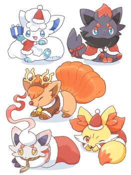 alolan_form alolan_vulpix animal_ear_fluff animal_focus antlers black_fur blue_eyes brown_hair commentary_request deer_antlers fake_antlers fennekin fox full_body gen_1_pokemon gen_5_pokemon gen_6_pokemon gen_7_pokemon hat hisuian_zorua horns kana_(maple926) multicolored_fur multiple_tails nintendo no_humans orange_fur pawpads pokemon pokemon_(creature) pokemon_focus red_eyes red_fur regional_and_normal santa_hat single_sock sitting smile socks tail two-tone_fur vulpix white_fur yellow_eyes yellow_fur zorua