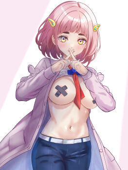 1girl arched_bangs areola_slip between_breasts blue_pants blush bob_cut breasts closed_mouth clothes_lift coat commentary_request cross cross_pasties crossed_fingers eyelashes finger_to_mouth grey_shirt hair_ornament hairclip highres lacey_(pokemon) large_breasts long_sleeves looking_at_viewer medium_hair navel necktie necktie_between_breasts nintendo open_clothes open_coat pants pasties pink_background pink_coat pink_hair pokemon pokemon_sv red_necktie shirt shirt_lift shushing smile solo stomach teasing thick_eyebrows two-tone_background white_background white_shirt x_fingers yellow_eyes zea_(zeamilky)