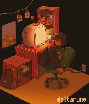 1other brown_hair cable card chair collared_shirt commentary_request crt deltarune highres kris_(deltarune) objectification on_chair other_focus pants playing_card shio_tou shirt socks sticker stuffed_animal stuffed_toy sweater utdr_(toby_fox)