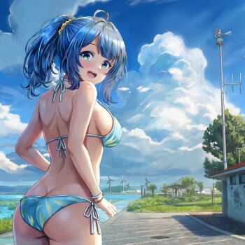 1girl :d ahoge ass bikini blue_bikini blue_eyes blue_hair blue_sky blush bracelet breasts butt_crack cloud cloudy_sky commentary_request from_behind gradient_eyes green_eyes hair_ornament hair_scrunchie halterneck highres jewelry large_breasts looking_at_viewer looking_back make_heroine_ga_oo_sugiru! medium_hair multicolored_eyes ocean open_mouth outdoors ponytail print_bikini scrunchie short_ponytail shoulder_blades side-tie_bikini_bottom sideboob sky smile solo staryume string_bikini swimsuit teeth upper_teeth_only wet wet_hair wind_turbine windmill yanami_anna