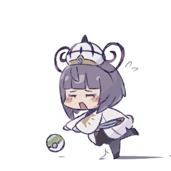 1girl absurdres black_dress bob_cut chibi chibi_only closed_eyes coat dress dropping flying_sweatdrops full_body gwynn_(pokemon) hat highres long_sleeves nest_ball nintendo open_clothes open_coat open_mouth pantyhose poke_ball pokemon pokemon_legends:_z-a purple_hair ramuawa short_hair solo white_coat