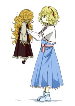 alice_margatroid amacha_0000 blonde_hair blue_dress brown_dress capelet closed_mouth cross doll dolls_in_pseudo_paradise dress expressionless frills from_side full_body hairband highres holding holding_cross holding_doll jacket_girl_(dipp) lolita_hairband long_hair long_sleeves looking_at_another medium_hair shirt touhou white_background white_capelet white_shirt