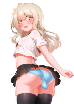 1girl adapted_costume ass black_skirt black_thighhighs blue_panties blush breasts crop_top crop_top_overhang fate/kaleid_liner_prisma_illya fate_(series) female_focus from_behind hidden_vibrator highres homurabara_academy_school_uniform illyasviel_von_einzbern loli long_hair looking_at_viewer looking_back miniskirt neck_ribbon panties red_eyes ribbon sailor_collar school_uniform sex_toy shirt short_sleeves sidelocks skirt small_breasts solo standing thighhighs thighs underwear vibrator vibrator_under_clothes vibrator_under_panties white_hair white_shirt zirba