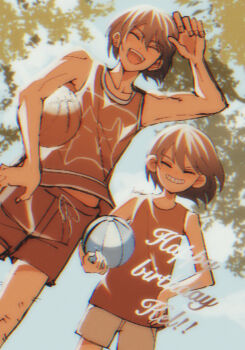 2boys :d ^_^ aged_down arm_up backlighting ball bare_arms bare_shoulders basketball_(object) blue_sky brown_hair character_name chromatic_aberration closed_eyes cloud collarbone commentary_request cowboy_shot day double-parted_bangs facing_viewer fingernails from_below grey_shorts hair_behind_ear hair_between_eyes happy_birthday harumiya_ut highres holding holding_ball kel_(faraway)_(omori) kel_(omori) leg_hair male_focus multiple_boys omori open_mouth orange_shorts orange_tank_top outdoors short_hair shorts simple_background sky smile standing tank_top teeth tree upper_teeth_only