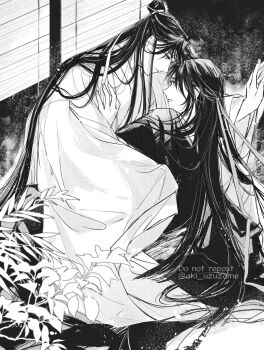 2boys aki_uzuzame bishounen chinese_clothes commentary_request couple eye_contact face-to-face flower greyscale hair_down hair_ribbon half_updo hand_on_another&#039;s_chest hanfu high_ponytail highres hug lan_wangji leaf light_particles long_hair long_sleeves looking_at_another lying male_focus modao_zushi monochrome multiple_boys official_alternate_hairstyle on_side parted_lips ponytail profile ribbon robe sash sidelocks sitting smile topknot twitter_username very_long_hair watermark wei_wuxian wei_wuxian_(yiling_laozu) wide_sleeves window_blinds yaoi