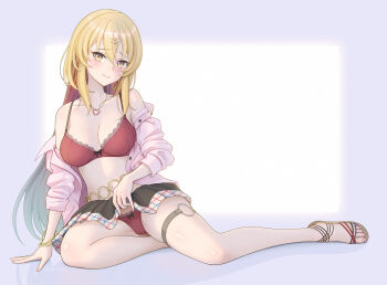 bra bracelet breasts clothes_lift collarbone commentary_request hair_ornament hairpin highres jewelry katagiri_nanase large_breasts lifting_own_clothes long_hair long_sleeves looking_at_viewer minamoto_natsuki mole mole_under_eye navel nukigee_mitai_na_shima_ni_sunderu_watashi_wa_dou_surya_ii_desu_ka? off_shoulder panties pink_shirt pink_skirt red_bra red_panties sandals shirt simple_background sitting skirt skirt_lift smile solo thigh_strap underwear yellow_eyes