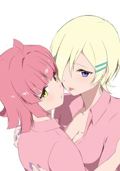 Rule 34 | 2girls, absurdres, ahoge, blonde hair, breast press, breasts, cleavage, collarbone, gyaru, hair ornament, hair over one eye, hairclip, highres, hug, looking at viewer, looking back, love live!, love live! nijigasaki high school idol club, medium breasts, medium hair, mia taylor, multiple girls, open clothes, open shirt, parted lips, pink hair, pink shirt, purple eyes, purple nails, shirt, short hair, symmetrical docking, tennoji rina, tongue, tongue out, white background, yellow eyes, yuri, zasshoku ojisan