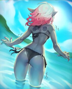 1girl ahoge alternate_costume armpit_crease ass bikini black_bikini blue_sky breasts briar_(league_of_legends) colored_skin commentary cowboy_shot day dutch_angle english_commentary estyy facing_away fingernails flat_ass from_behind grey_skin highres league_of_legends median_furrow medium_hair mole multicolored_hair o-ring o-ring_bikini ocean outdoors pink_hair pink_nails pointy_ears sharp_fingernails side-tie_bikini_bottom sky small_breasts solo swimsuit two-tone_hair very_long_fingernails wading white_hair