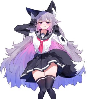 1girl alternate_costume animal_ear_fluff animal_ears animal_hands black_fur black_sailor_collar black_skirt black_thighhighs blush breasts center-flap_bangs closed_mouth clulless colored_inner_hair commentary cowboy_shot english_commentary grey_hair hands_up hololive hololive_english kemonomimi_mode koseki_bijou long_hair long_sleeves looking_at_viewer miniskirt multicolored_hair neckerchief pleated_skirt purple_eyes red_neckerchief sailor_collar school_uniform serafuku shirt simple_background skindentation skirt small_breasts smile solo tail thighhighs thighs torn_clothes torn_shirt very_long_hair virtual_youtuber white_background white_shirt wolf_ears wolf_girl wolf_tail