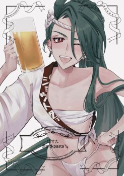 1girl alcohol alternate_hairstyle beer beer_mug bright_pupils chest_sarashi collarbone cowboy_shot cup earrings fundoshi green_hair hair_over_one_eye highres holding holding_cup japanese_clothes jewelry long_hair mtkpasta mug multiple_piercings navel_piercing nejiri_hachimaki nintendo one_eye_closed open_mouth piercing pokemon pokemon_sv red_eyes rika_(pokemon) sarashi smile solo