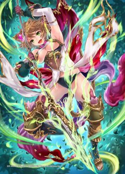 Rule 34 | 1girl, animal ears, armpits, black panties, breasts, brown tail, cat ears, cat girl, cat tail, copyright logo, covered navel, detached sleeves, fang, feuille (z/x), gloves, green eyes, hair ornament, highres, holding, holding polearm, holding weapon, hori airi, leaf, logo, official art, open mouth, panties, polearm, purple gloves, short braid, short hair, solo, tail, underboob, underwear, weapon, z/x